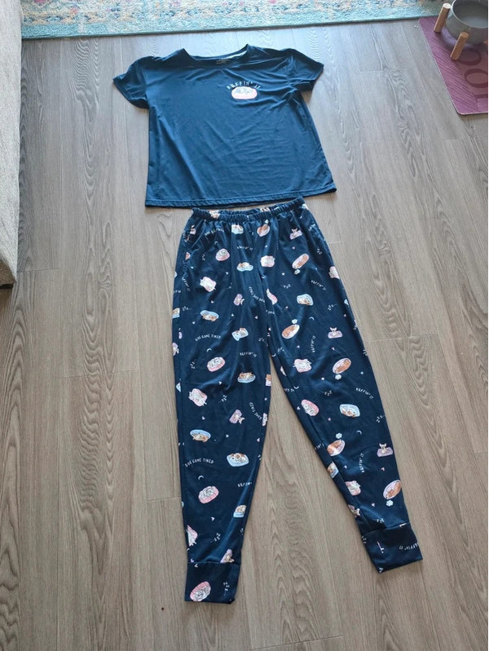 Navy Blue Dog Print Pajama Set with Short Sleeve Top and Jogger Pants